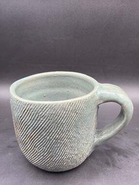 Signed Studio Pottery Mug Blue Green Textured Ceramic Artisan Coffee Cup